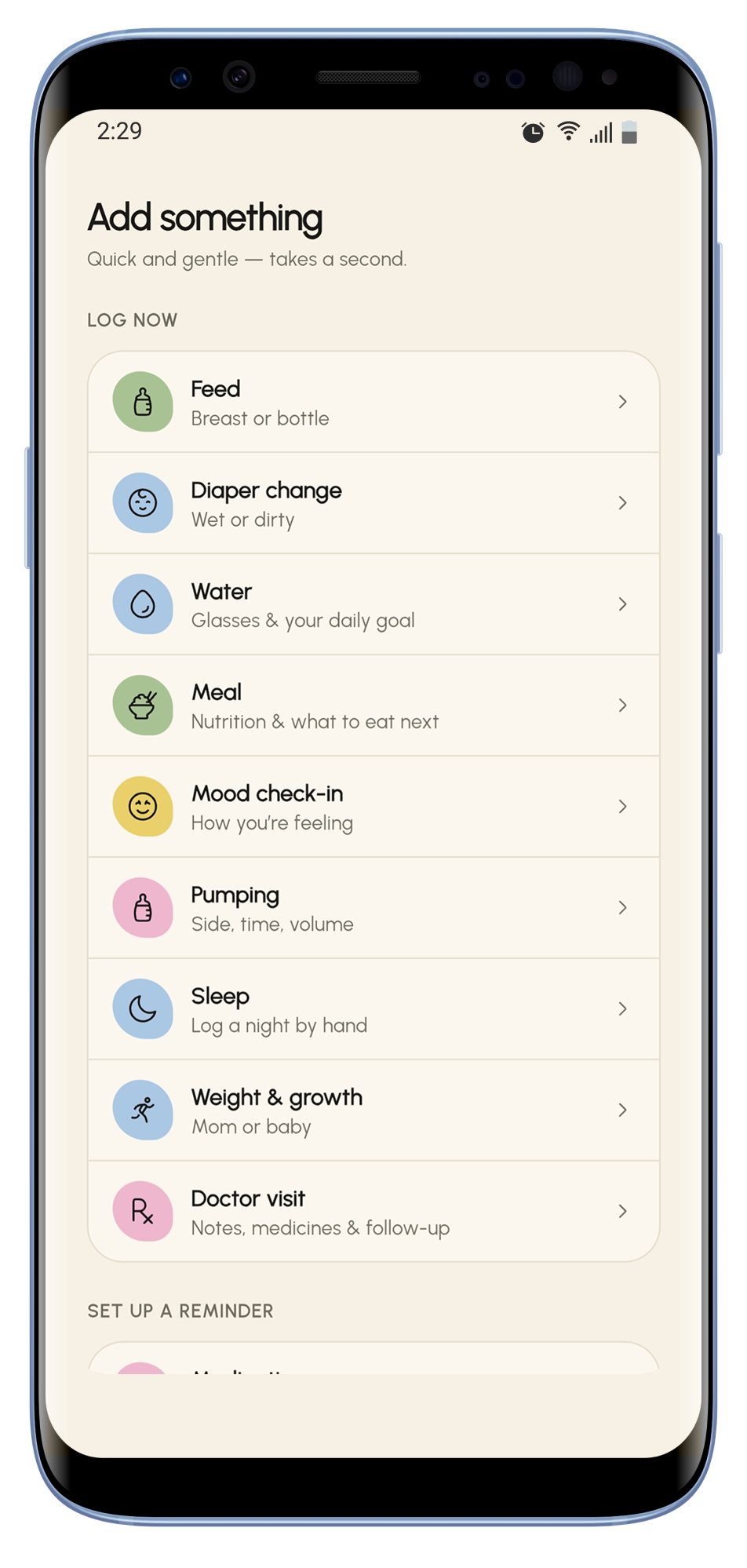 Mom Cue quick-log menu