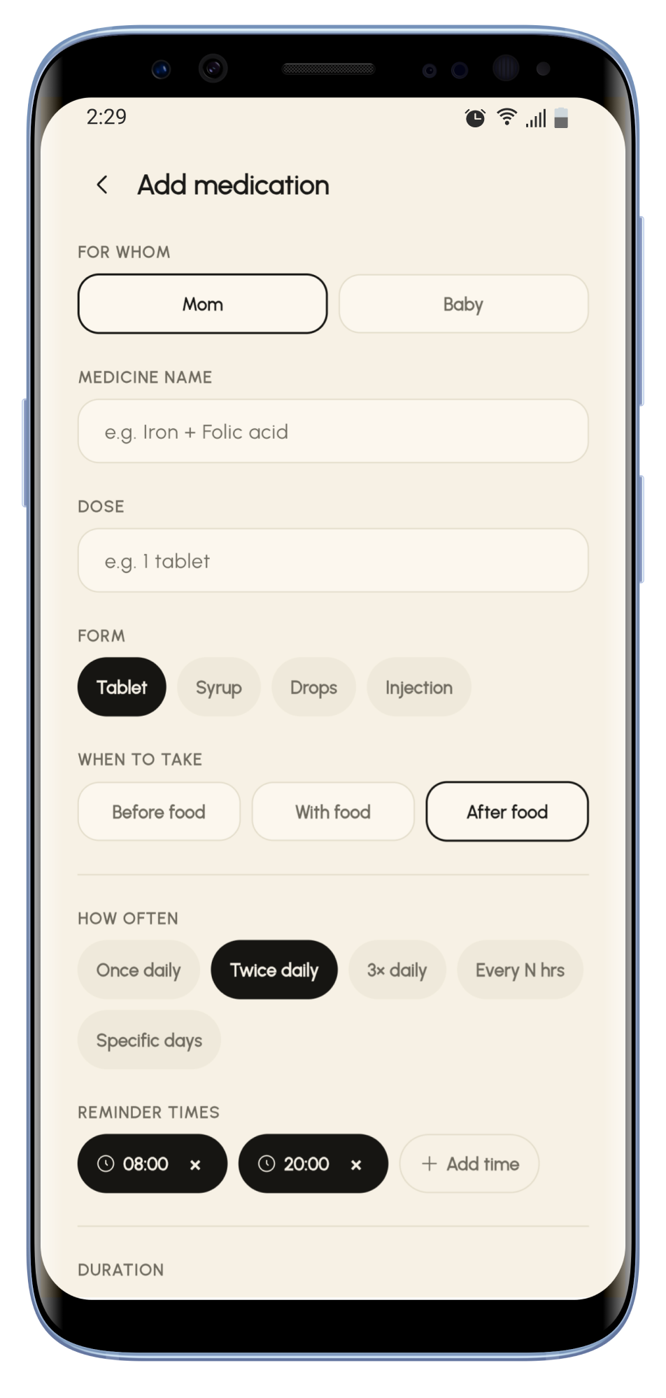 Adding a medication with reminder times